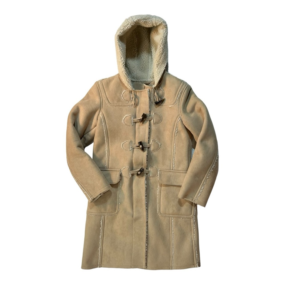 ⁠Gap Womens XS Faux Suede Sherpa Hooded Toggle Coat Zip Beige Tan Jacket T2K